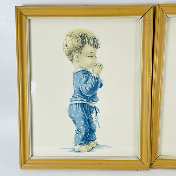 VTG Framed Prints Constanza Bedtime Children Saying Prayers Boy Girl Pair MCM - Picture 3 of 7